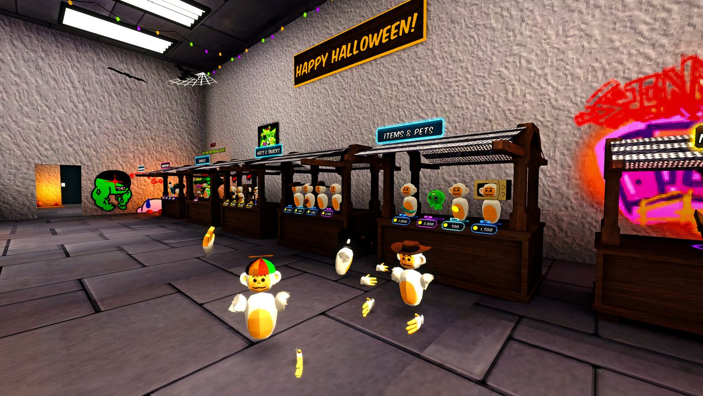 Monke Hour poster: players running through the Halloween lobby